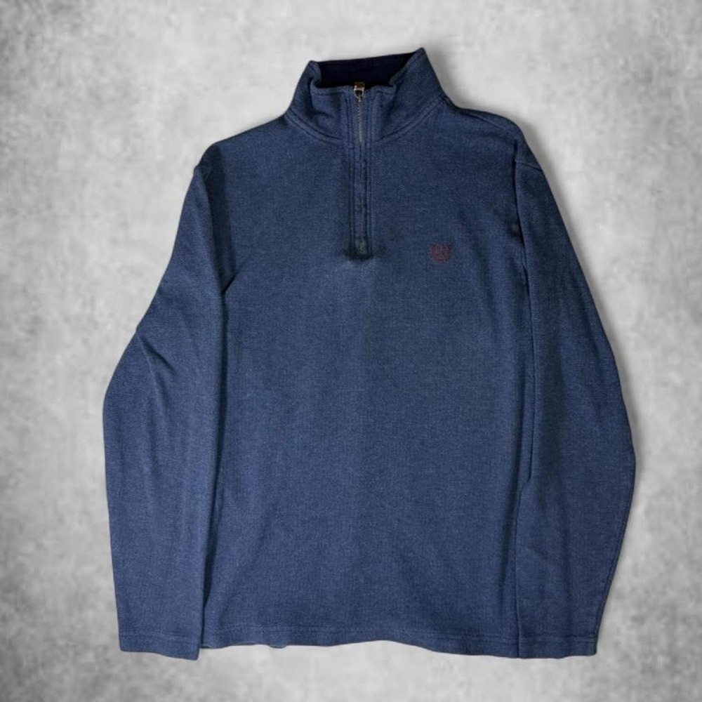 CHAPS Mens Textured Quarter-Zip Pullover Sweater Navy Blue Herringbone Medium